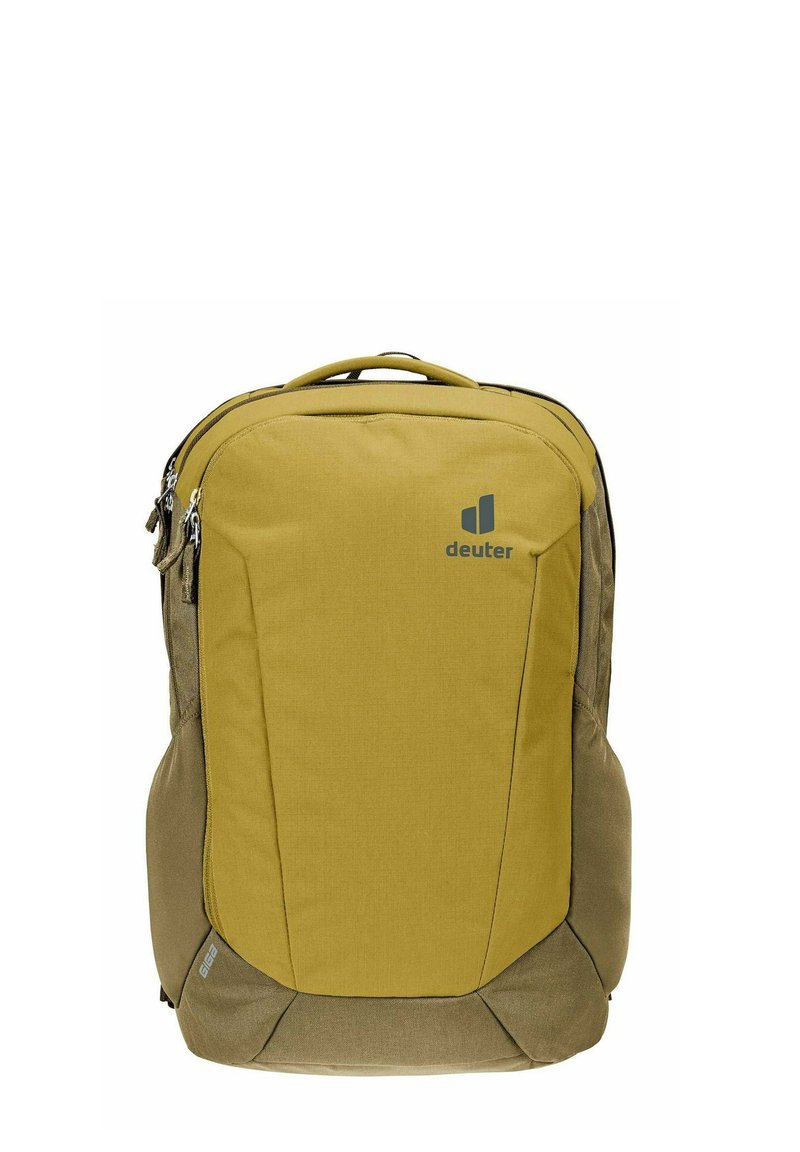 Zaino in tessuto giallo e verde oliva con un design elegante, dotato di un logo frontale, cerniere e schienale imbottito per il comfort.