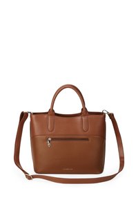 Brown leather handbag with a structured design, dual top handles, removable shoulder strap, front zip pocket, and embossed logo detail.
