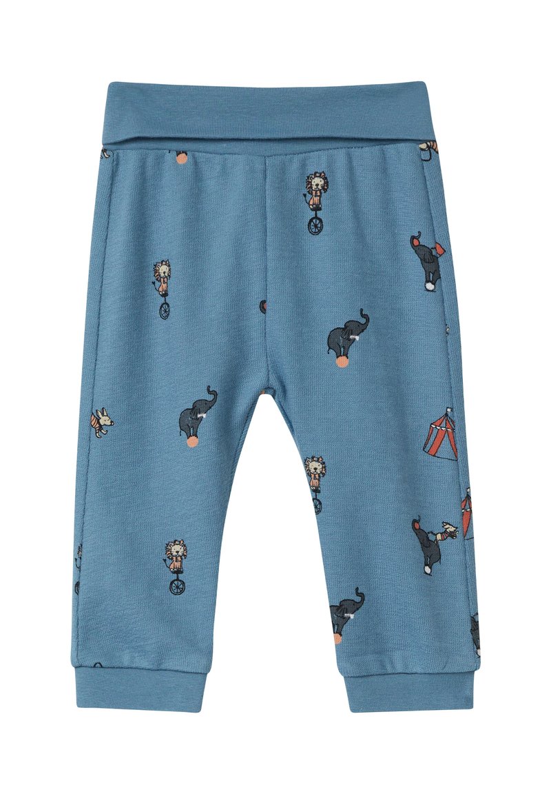 Blauwe katoen sweatpants met circus-thema prints van dieren en artiesten; geribde tailleband en boorden, zachte textuur.
