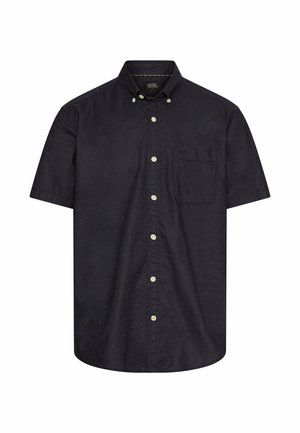 Zwart korte mouw overhemd met knopen, een borstzak aan de voorkant en een kraag met knoopdetails, weergegeven op een witte achtergrond.