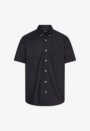 Zwart korte mouw overhemd met knopen, een borstzak aan de voorkant en een kraag met knoopdetails, weergegeven op een witte achtergrond.