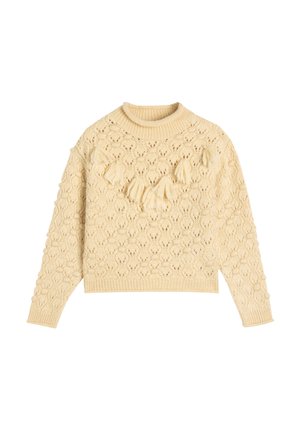 Cremefarbenes, gestricktes Sweatshirt mit strukturiertem Muster, rundem Ausschnitt, langen Ärmeln und dekorativen Fransen an der Vorderseite.