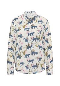 Witte blouse met een blauw luipaard- en bloemenpatroon, knoopsluiting aan de voorkant, lange mouwen en een gebogen zoom. Lichtgewicht stof met een zachte textuur.