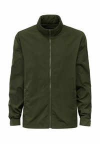 Jasnozielona, lekka kurtka z stojącym kołnierzem, zapięciem na zamek błyskawiczny z przodu oraz elastycznymi mankietami. Gładka faktura i minimalistyczny design.