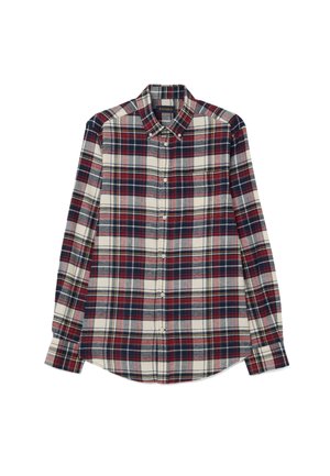 Camicia a quadri a maniche lunghe con colletto abbottonato, prevalentemente rossa, blu navy e crema, con tessuto morbido e strutturato.