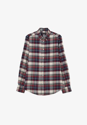 Langarm-Karohemd mit einem Button-Down-Kragen, überwiegend in Rot, Marineblau und Cremefarben, aus einem weichen, strukturierten Stoff.