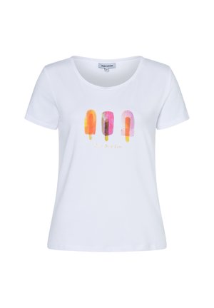 Witte korte mouw t-shirt met ronde hals en drie kleurrijke ijslolly-illustraties met daaronder de tekst "Breaks Fun".