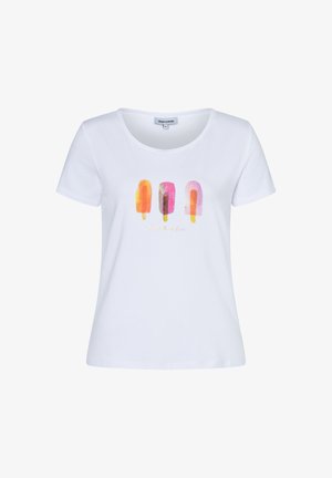 White short-sleeve t-shirt with round neckline featuring three colorful popsicle illustrations and the text "Breaks Fun" beneath them.