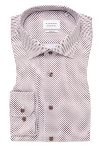 Witte blouse met een slim fit, voorzien van een klein geometrisch patroon in maroon en bruin, een gespreide kraag en een knoopzak met bruine knopen.