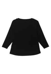 Czarny longsleeve z okrągłym dekoltem, wykonany z miękkiego materiału, charakteryzujący się luźnym, swobodnym krojem i zaokrąglonym dołem.