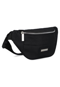 Czarna saszetka biodrowa wykonana z trwałego materiału, z przednią kieszenią na zamek błyskawiczny, o gładkiej fakturze i dyskretnym logo. W zestawie regulowany pasek.