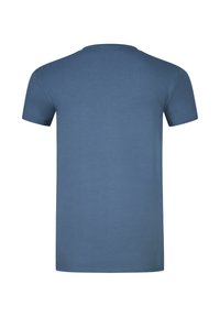 T-shirt bleu uni à manches courtes et col rond, vue de dos sur fond blanc.