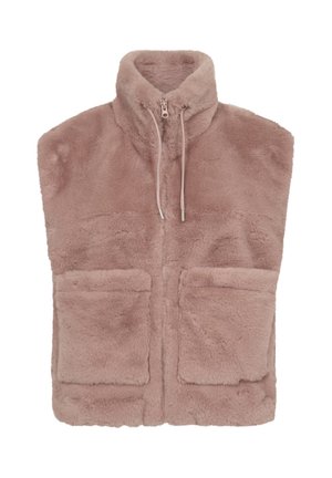 Mouwloze mauve pluizige bodywarmer met hoge kraag, rits aan de voorkant, trekkoorden en twee opgestikte voorzakken.