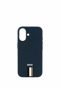 Custodia per smartphone blu navy con finitura opaca, ritagli per fotocamera e pulsanti, con logo e accento a strisce verticali in nero, crema e beige.