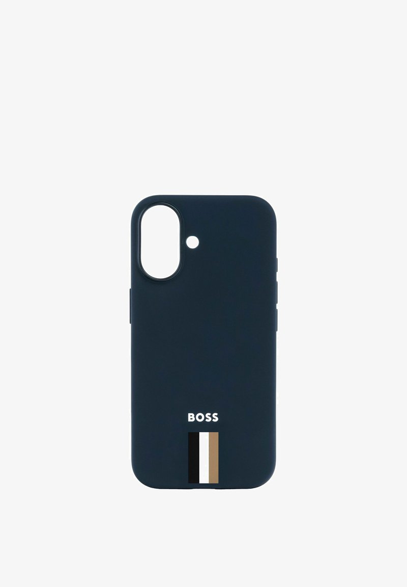 Custodia per smartphone blu navy con finitura opaca, ritagli per fotocamera e pulsanti, con logo e accento a strisce verticali in nero, crema e beige.