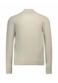 Maglione lavorato a costine beige chiaro con colletto alto, maniche lunghe e design aderente, caratterizzato da un motivo testurizzato su tutta la superficie.