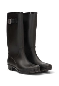 Botas de lluvia de goma negras con un acabado suave, diseño hasta la rodilla, detalle de hebilla lateral y suelas texturizadas para un mejor agarre.