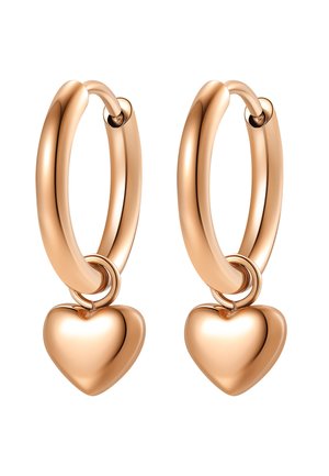 Oorbellen met roségouden hoepels en gladde hartvormige hangers die binnenin elke hoepel hangen, op een witte achtergrond.