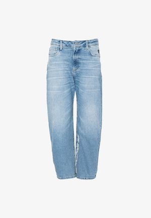 Lichtblauwe, versleten spijkerbroek met een losse pasvorm. Voorzien van voorzakken, een ritssluiting en lichtjes rafelige zoom.