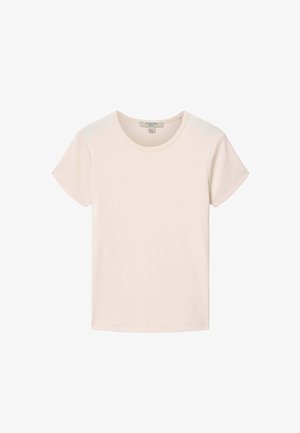 Camiseta de manga corta lisa color beige claro con cuello redondo, extendida sobre un fondo blanco.