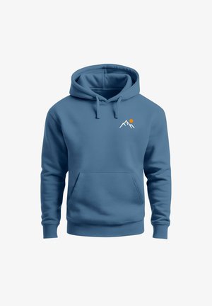 Blaues Kapuzensweatshirt aus Fleece mit einer frontalen Tasche und einem weißen Bergdesign mit einer orangefarbenen Sonne auf der Brust.