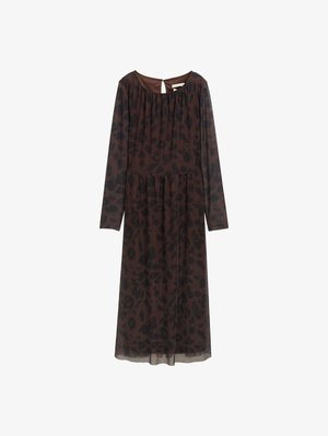 Pikkade varrukatega pruun midi kleit musta loomamustriga, kogutud vöökohaga, läbipaistev pealiskiht ja tagaküljel lipsnööbi ava.