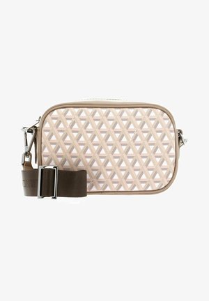 Rectangular handbag in beige with a geometric pattern. Material is synthetic with a smooth texture. Features a brown adjustable strap and silver hardware.