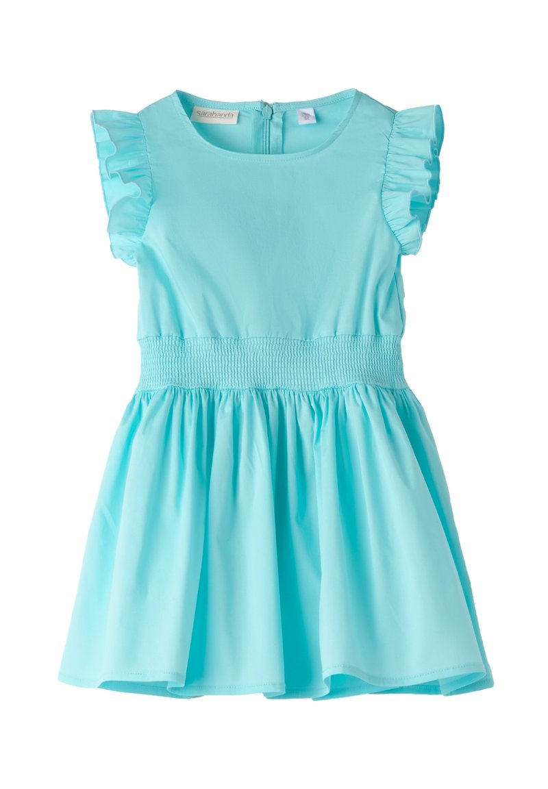 Helles blaues Kleid aus glattem Stoff, mit kurzen Rüschensäumen, einer gesmokten Taille und einem ausgestellten Rock. Reißverschlussverschluss hinten.