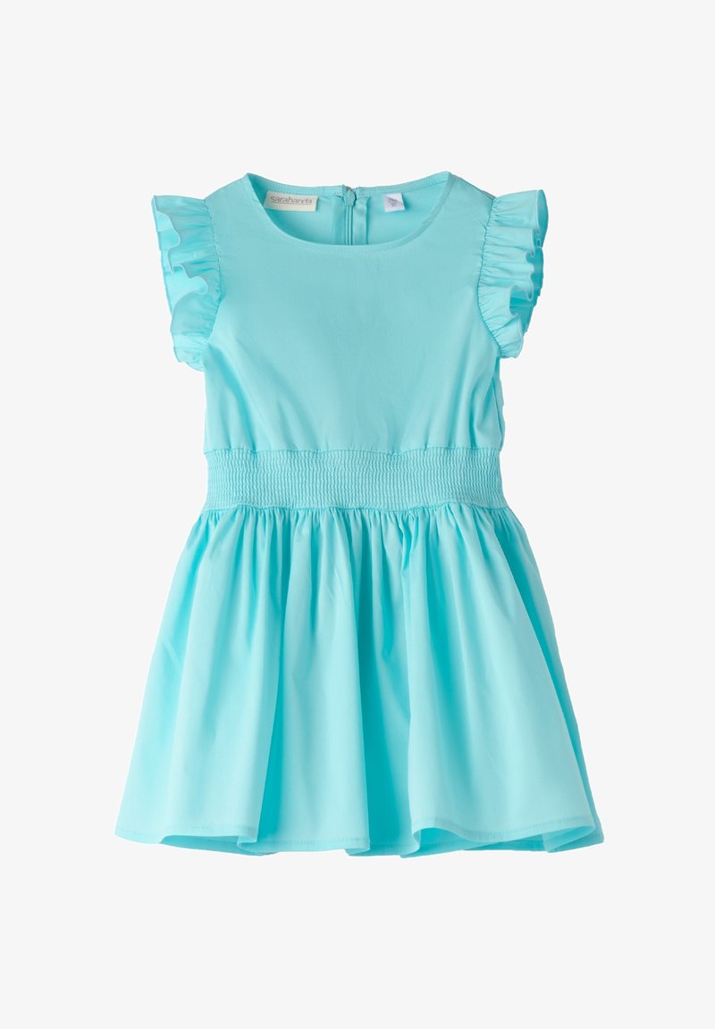 Helles blaues Kleid aus glattem Stoff, mit kurzen Rüschensäumen, einer gesmokten Taille und einem ausgestellten Rock. Reißverschlussverschluss hinten.