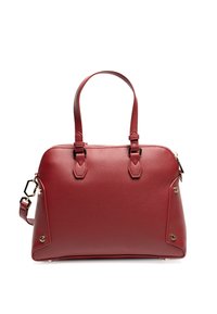 Sac à main en cuir rouge, avec une forme structurée, deux poignées, une bandoulière amovible, des ferrures dorées et des accents triangulaires sur les côtés.
