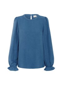 Blaue Bluse aus strukturiertem Stoff, mit langen Puffärmeln und Rüschensaum sowie einem Rückenschlitz. Schlichter runder Halsausschnitt.