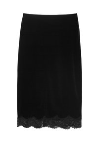 Schwarzer Samt-Bleistiftrock mit einem gewellten Spitzenabschluss. Glatte Textur, figurbetonende Form, mittellanges Design und minimalistischer Stil.