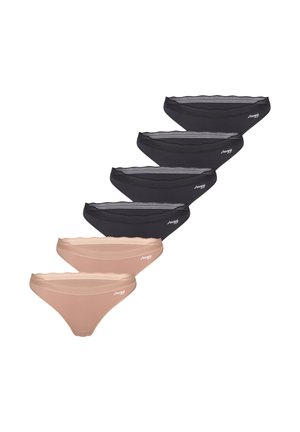 Deux sous-vêtements bikini beiges et quatre noirs pour femmes avec bordure en dentelle et logo sur la ceinture, disposés en diagonale sur fond blanc.