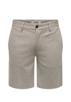Jasnoszare męskie szorty z teksturowanej tkaniny, z zapięciem na guziki z przodu, szlufkami na pasek oraz subtelnymi bocznymi kieszeniami, oznaczone marką Only & Sons.