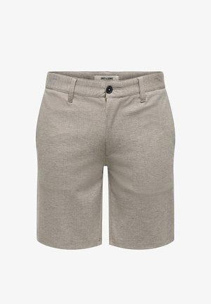 Gaiši pelēkas vīriešu šortus ar teksturētu audumu, priekšējo pogu aizdari, jostas cilpas un nelielām sānu kabatām, marķēti ar Only & Sons.