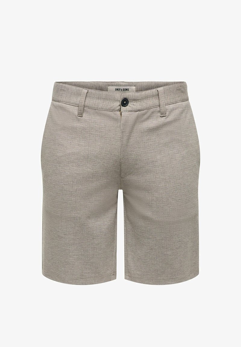 Svetlosivé pánske kraťasy s textúrovanou tkaninou, predným zapínaním na gombíky, pútkami na opasok a jemnými bočnými vreckami, označené značkou Only & Sons.