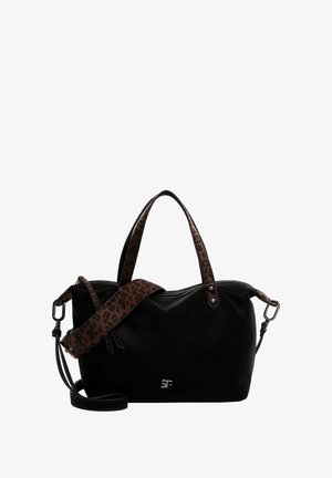 Sac à main noir avec deux poignées imprimé léopard et une bandoulière amovible assortie, avec un petit logo argenté à l'avant.