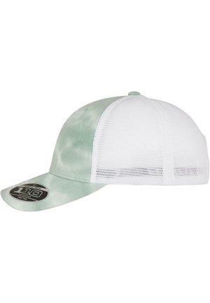 Zielona czapka tie-dye z białą siateczką z tyłu, zakrzywionym daszkiem i czarną naszywką z logo z przodu, charakteryzująca się usztywnionym kształtem i regulowanym dopasowaniem.
