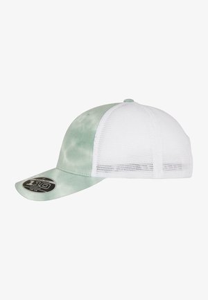 Green tie-dye cap with a white mesh back, curved visor, and a black logo patch on the front, featuring structured shape and adjustable fit.