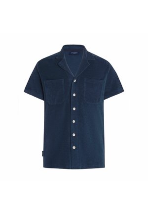 Marineblaues Kurzarmhemd aus weichem Stoff, mit zwei Brusttaschen, einer durchgehenden Knopfleiste und einem gekerbten Kragen.