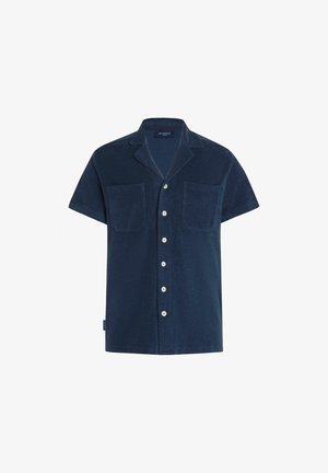 Navy short-sleeve shirt made of soft fabric, featuring two chest pockets, a button-down front, and a notched collar.