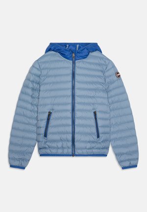Light blue puffer jacket with a hood, front zipper, two zippered pockets, and contrasting blue accents on the collar and pockets.