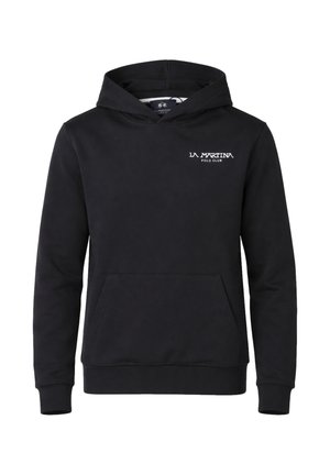 Felpa nera con cappuccio, tasca frontale a marsupio e logo bianco "La Martina Polo Club" sul petto a sinistra, con maniche lunghe e cappuccio a infilare.