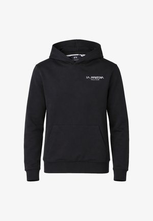 Felpa nera con cappuccio, tasca frontale a marsupio e logo bianco "La Martina Polo Club" sul petto a sinistra, con maniche lunghe e cappuccio a infilare.