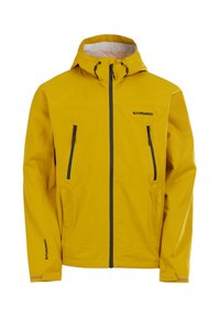 Gelbe wasserdichte Jacke mit Kapuze, mit Reißverschlüssen versehenen Fronttaschen und kontrastierenden marineblauen Reißverschlüssen. Verfügt über eine glatte Textur und ein minimalistisches Design.