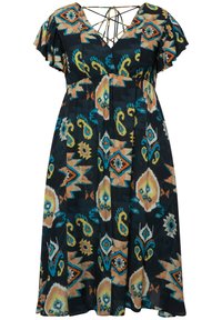 Maxikleid aus schwarzem Stoff mit bunten geometrischen Mustern in Orange, Blau und Creme, mit flatternden Ärmeln und einem gekreuzten Rückendesign.