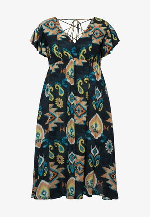 Maxikleid aus schwarzem Stoff mit bunten geometrischen Mustern in Orange, Blau und Creme, mit flatternden Ärmeln und einem gekreuzten Rückendesign.