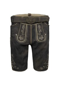 Dunkelbraune traditionelle Lederhosen aus Leder mit beigefarbenen, bestickten Blumenmustern und einer dekorativen Gürtelschnalle.