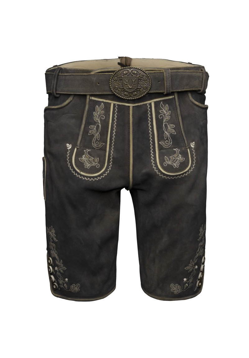 Dunkelbraune traditionelle Lederhosen aus Leder mit beigefarbenen, bestickten Blumenmustern und einer dekorativen Gürtelschnalle.