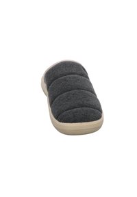 Gray fabric slip-on slipper with three cushioned segments, rounded toe, and a beige rubber sole. Soft texture with minimal stitching details.